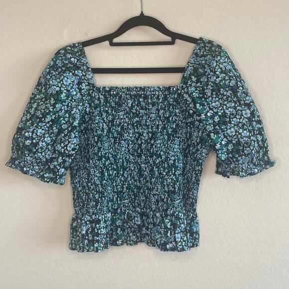 J. Crew Floral Smocked Bodice Poplin Top Black Heritage Green NEW - Size M - Picture 7 of 8